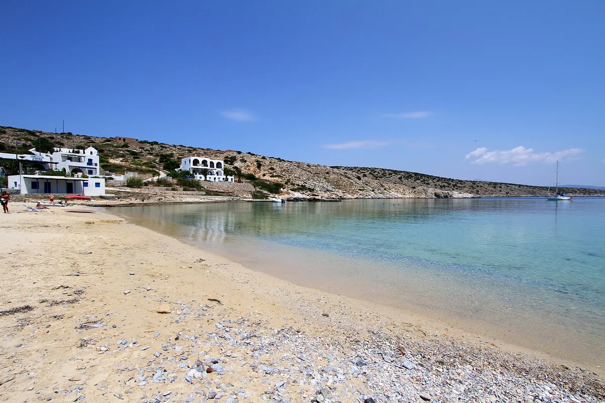 Shallow calm bay with white houses at Agios Georgios on Iraklia island near Naxos, Greece